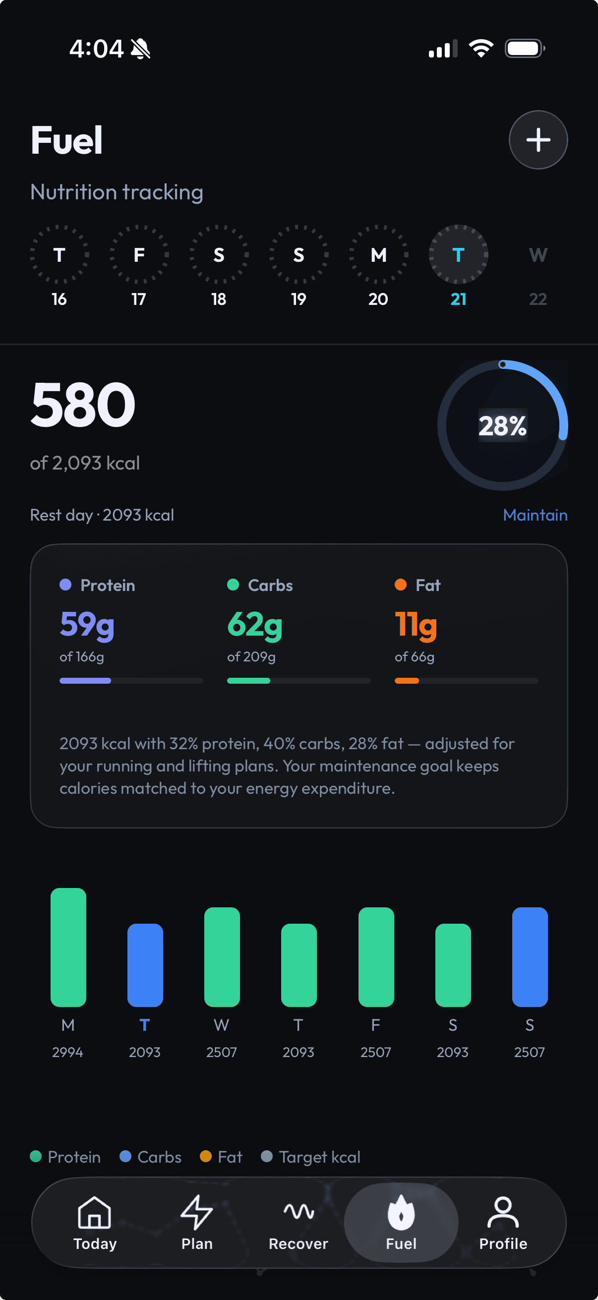Wave app — Fuel tab with phase chip, weekly strip, and 14-day macro graph