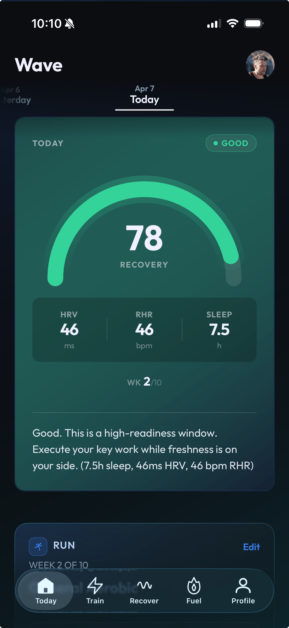 Wave app — Today screen with recovery score