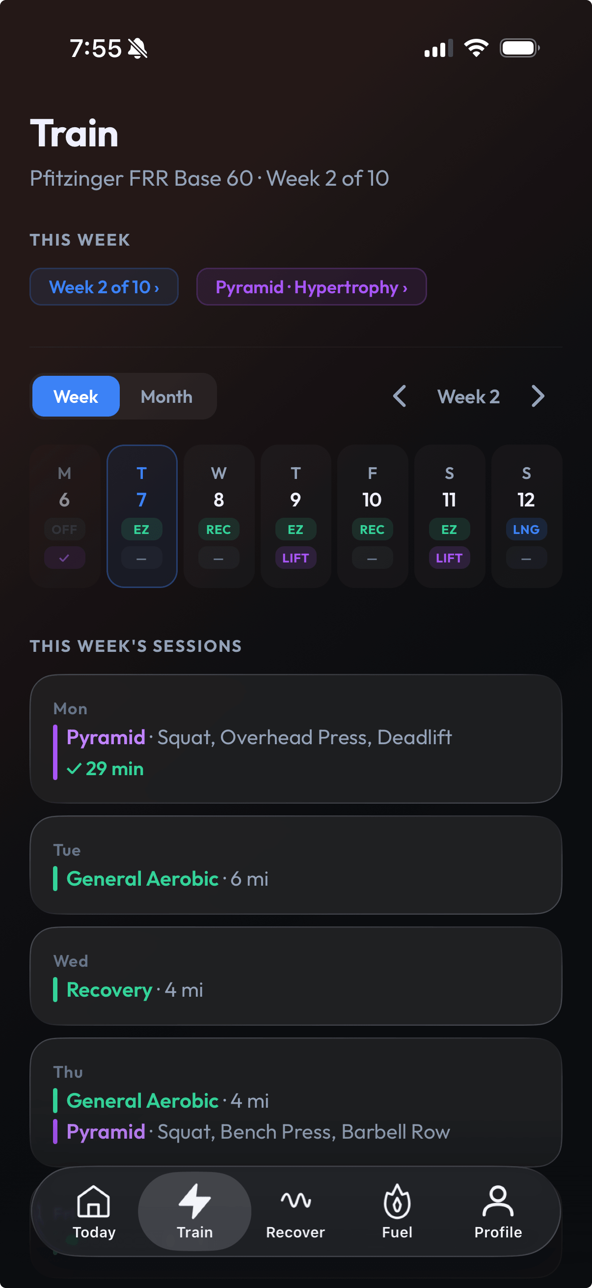 Wave app — Train screen with weekly schedule