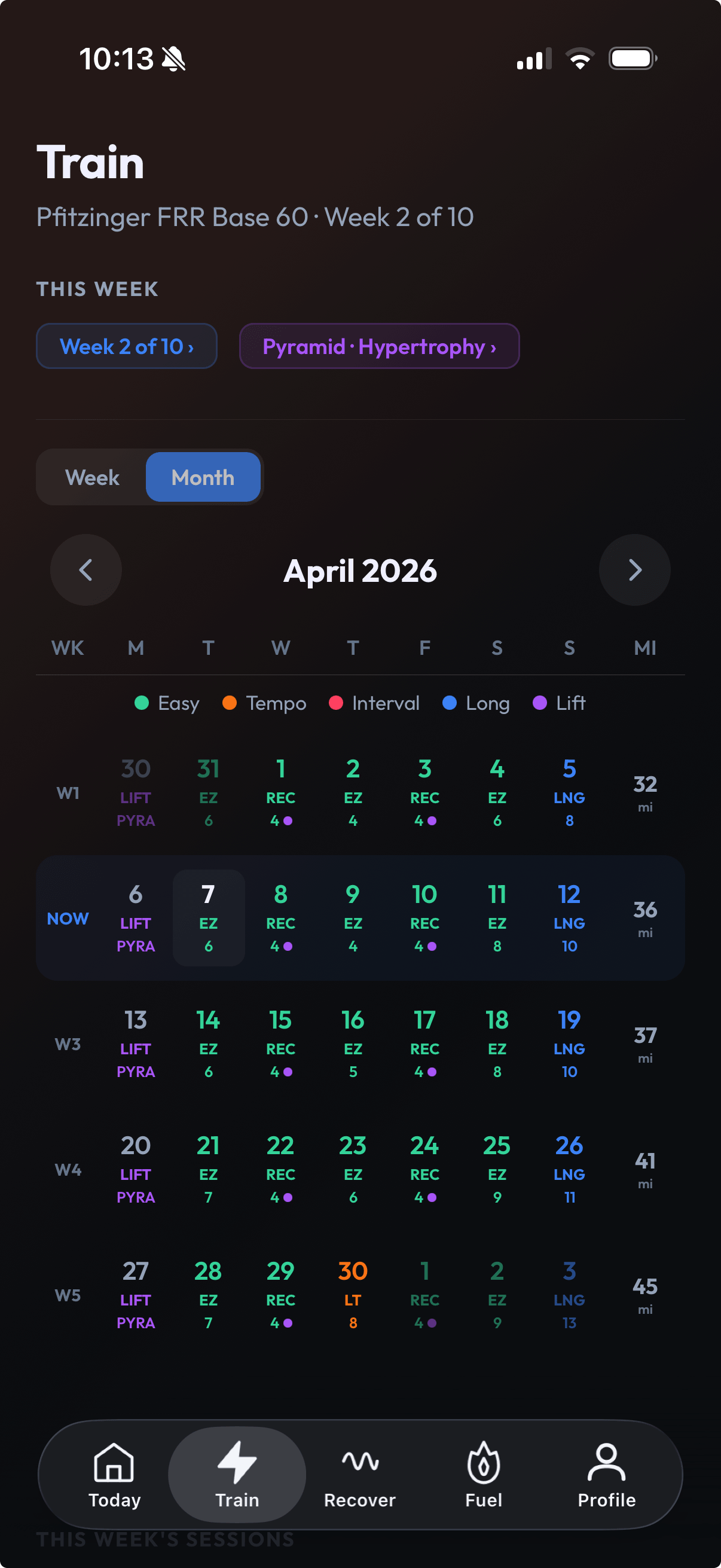 Wave app — Monthly training calendar