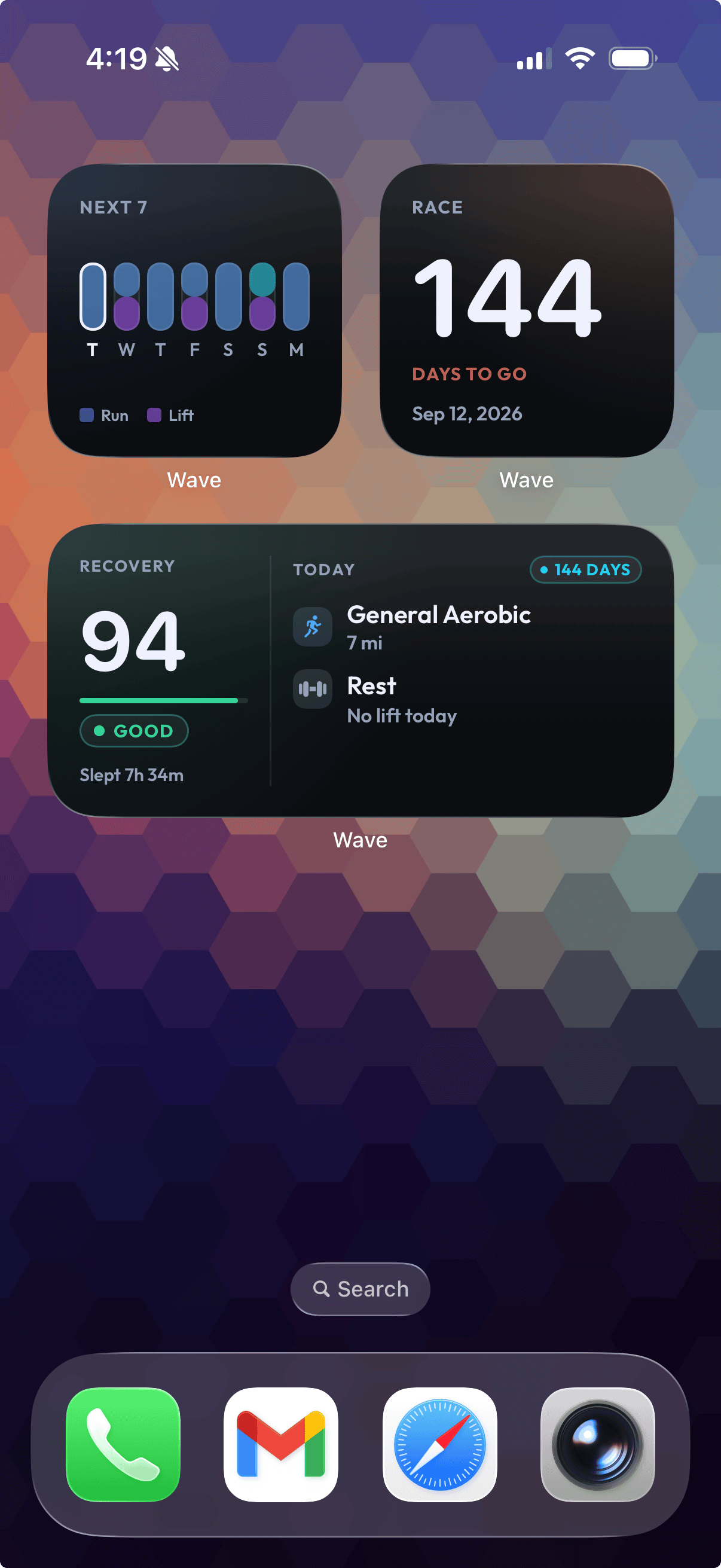 Wave home-screen widgets — next-7-day schedule, race countdown, and a combined recovery + today card